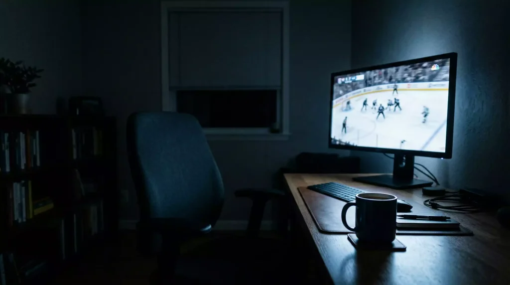 Unbeaufsichtigter dunkler Arbeitsplatz mit einem einzelnen leuchtenden Monitor, auf dem unscharf ein Eishockey-Livebild zu sehen ist
