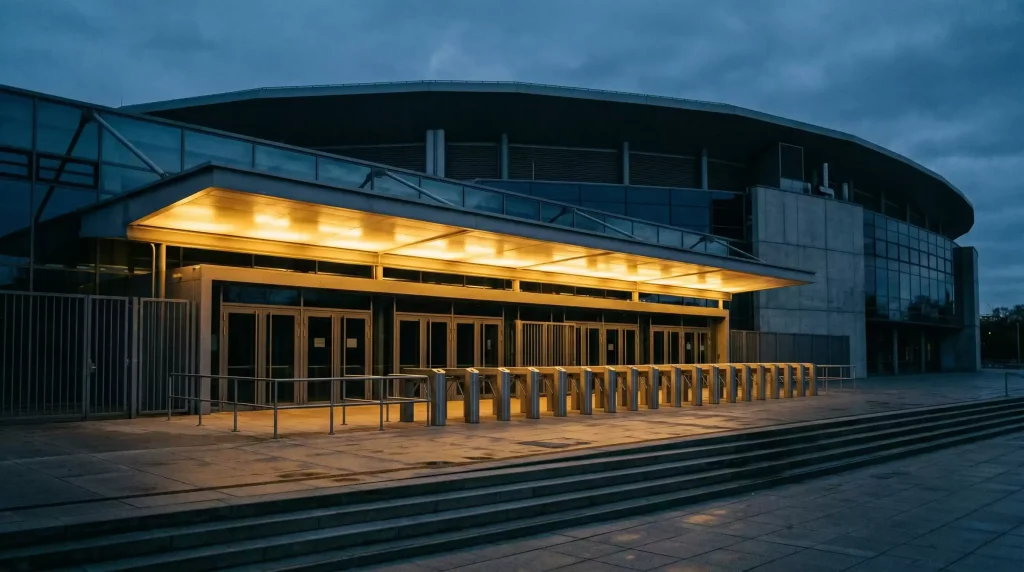 Geschlossenes Eingangstor einer großen Eissporthalle am Abend mit warm beleuchtetem Vordach