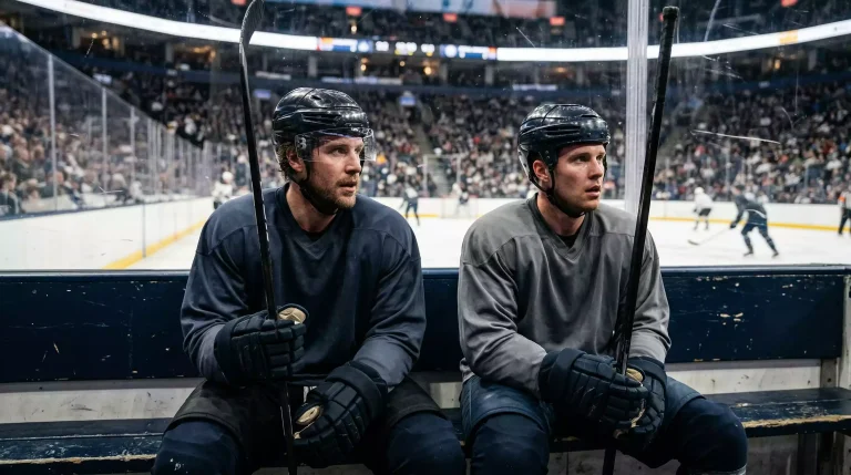 Zwei NHL-Eishockey-Spieler sitzen während eines Spiels auf der Spielerbank mit Helm und Stock