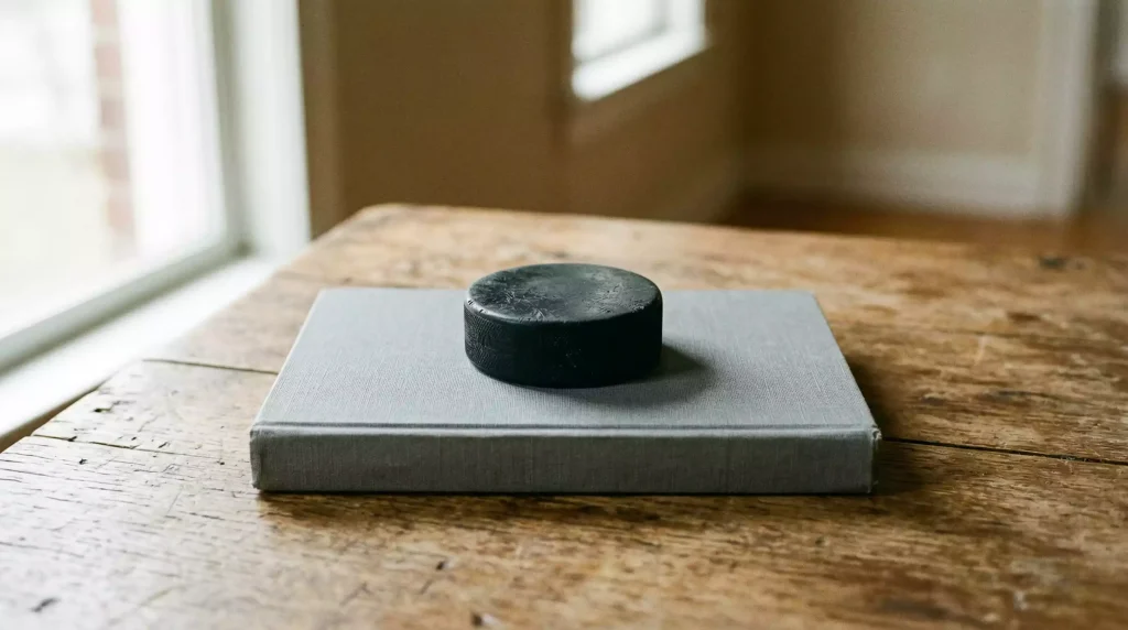 Einzelner schwarzer Eishockey-Puck auf einem geschlossenen grauen Regelheft auf einem Schreibtisch