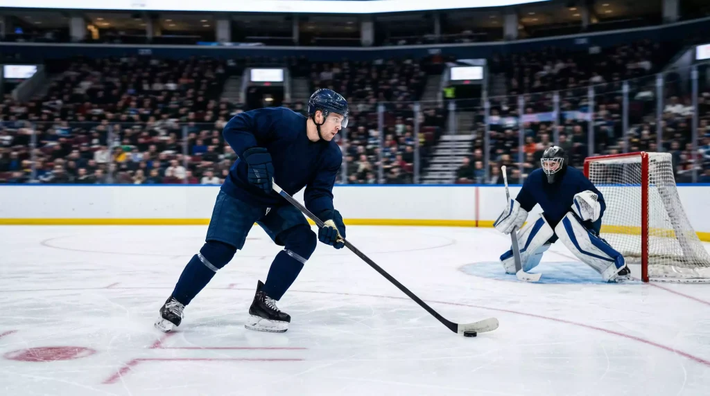 Ein einzelner Eishockey-Spieler fährt während eines Shootouts allein mit dem Puck auf das Tor zu