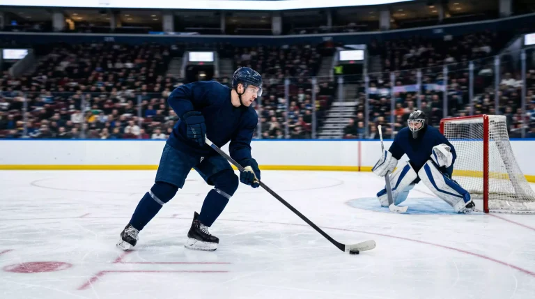 Ein einzelner Eishockey-Spieler fährt während eines Shootouts allein mit dem Puck auf das Tor zu