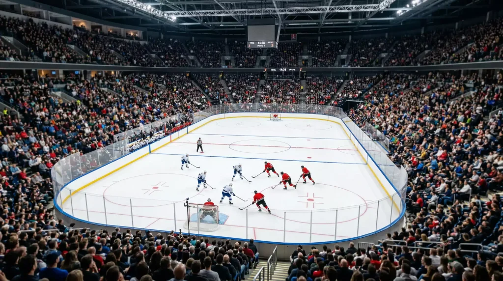 Volle Eishockey-Arena mit Zuschauern auf den Rängen und Spielern auf der Eisfläche