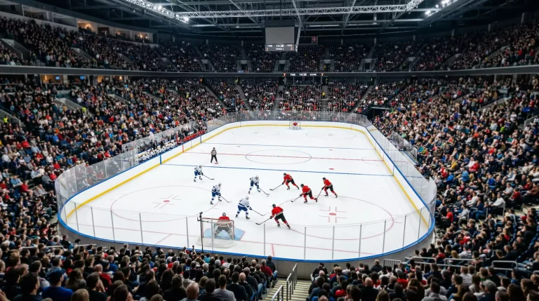 Volle Eishockey-Arena mit Zuschauern auf den Rängen und Spielern auf der Eisfläche
