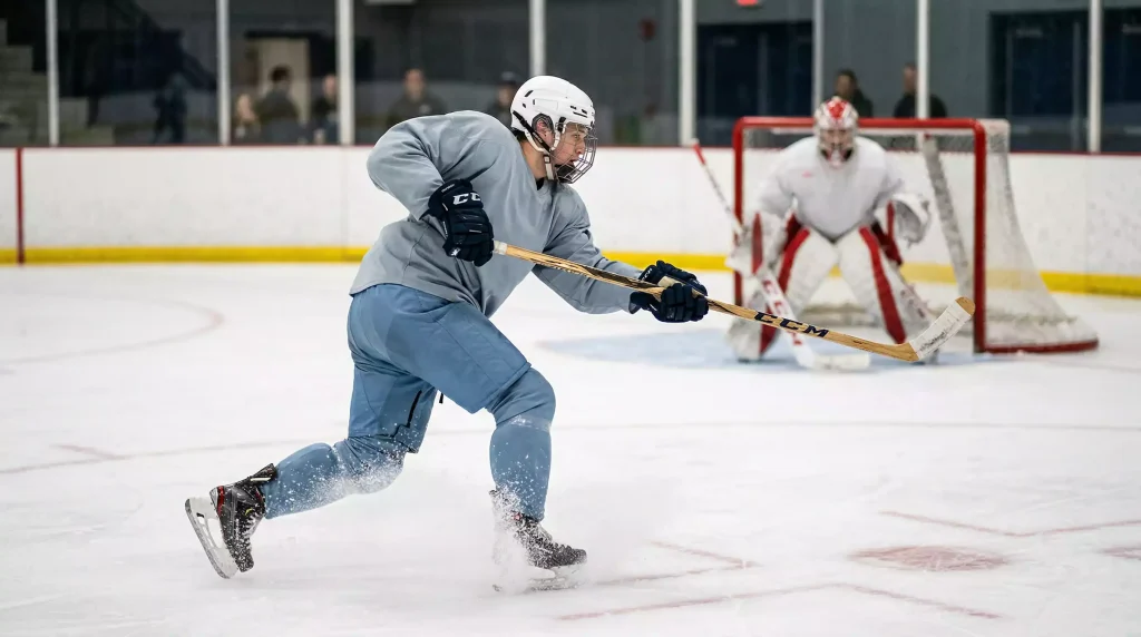 Ein Eishockey-Stürmer in hellem Trikot zieht in der Offensivzone zum Schuss auf das gegnerische Tor
