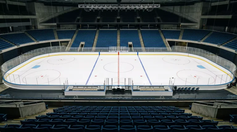 Leere Eishockey-Arena von der oberen Tribüne aus gesehen mit hell beleuchteter Eisfläche und unbesetzten Sitzreihen