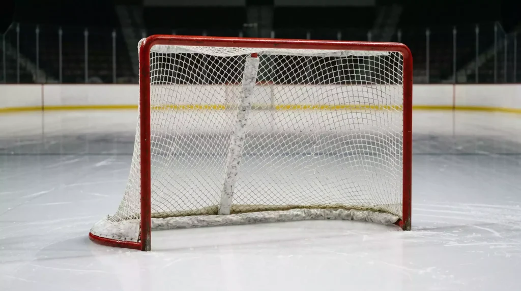 Nahaufnahme eines leeren Eishockey-Tors mit weißem Netz und roten Pfosten auf einer professionellen Eisfläche