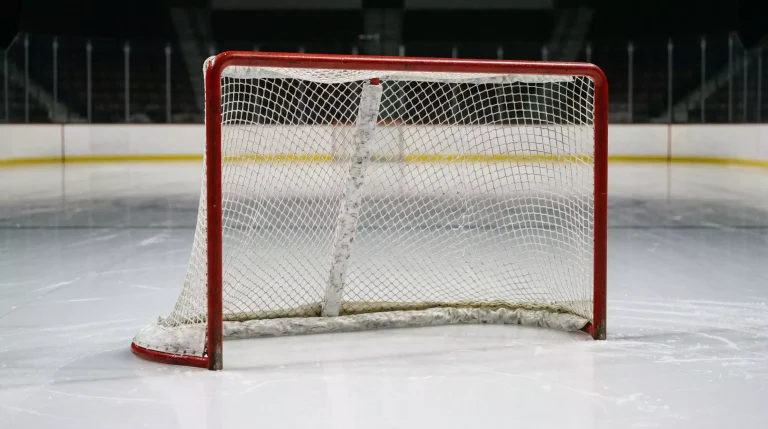 Nahaufnahme eines leeren Eishockey-Tors mit weißem Netz und roten Pfosten auf einer professionellen Eisfläche