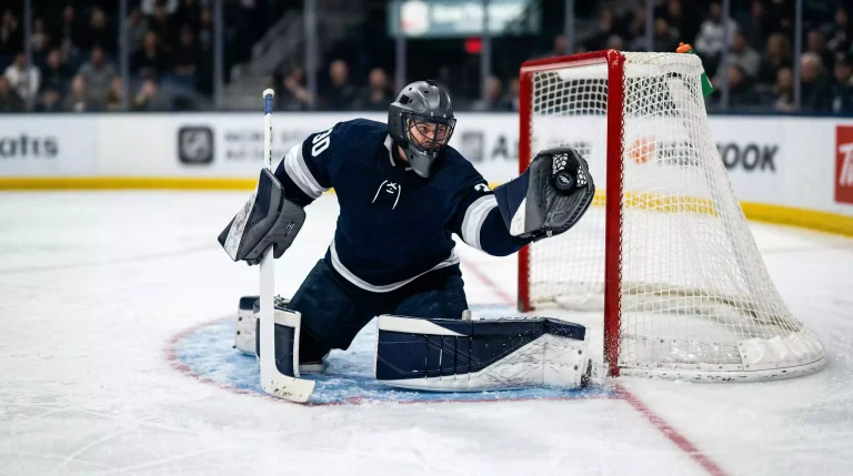 Goalie-Maske mit stilisiertem Save-Percentage-Diagramm als Bild für NHL-Goalie-Wetten
