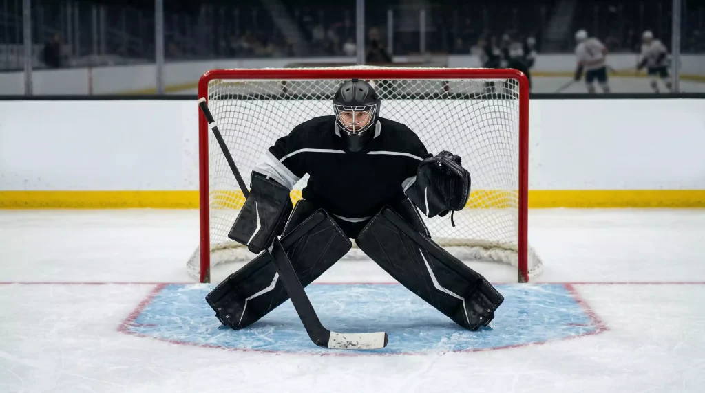 NHL-Goalie in voller Ausrüstung steht in seinem Tor mit Fanghand und Stockhand bereit