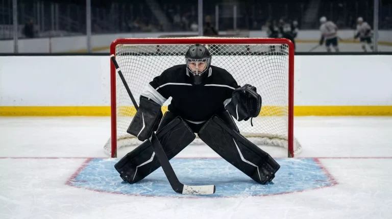 NHL-Goalie in voller Ausrüstung steht in seinem Tor mit Fanghand und Stockhand bereit