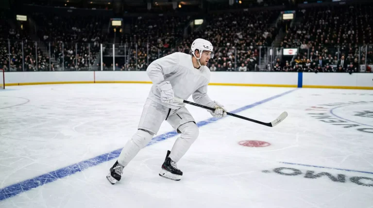 NHL-Eishockeyspieler in weißem Trikot bei einem Regular-Season-Spiel auf der Eisfläche einer voll besetzten Arena