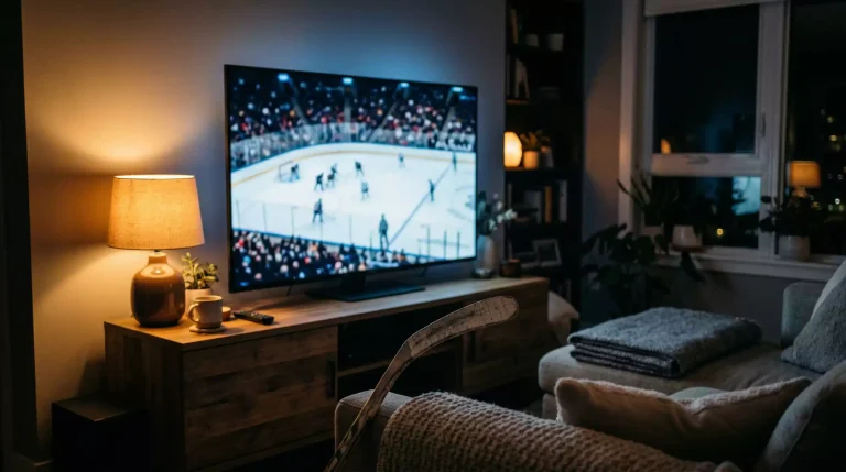 Drei Monitore mit Eishockey-Sendung und Streaming-Play-Buttons als Bild für NHL-Streaming in Deutschland