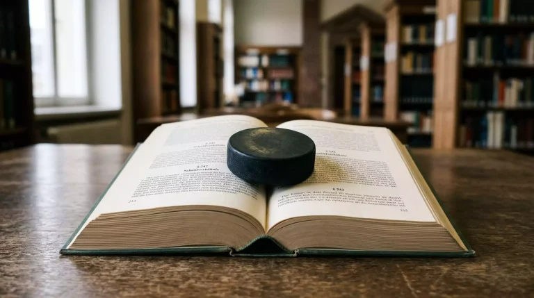 Offenes deutsches Gesetzbuch neben einem Eishockey-Puck auf einer hölzernen Schreibtischoberfläche in einer Bibliothek