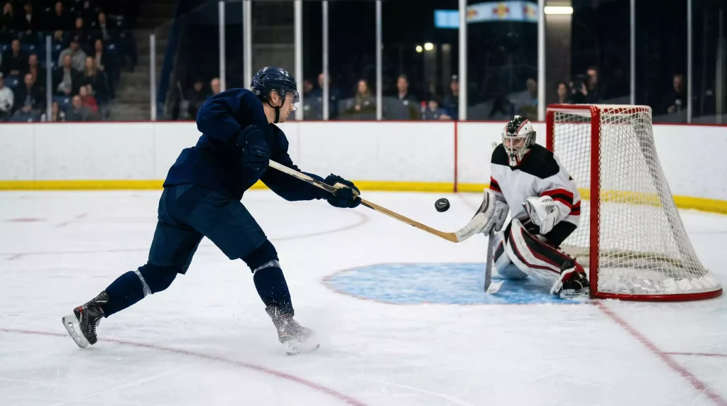 Waage mit der Zahl 6 im Gleichgewicht und Eishockey-Puck als Bild für Über-Unter-Wetten auf NHL-Spiele