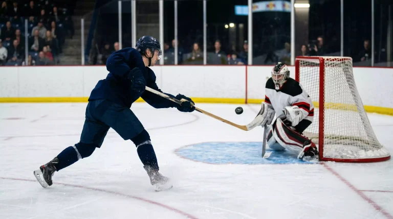 Waage mit der Zahl 6 im Gleichgewicht und Eishockey-Puck als Bild für Über-Unter-Wetten auf NHL-Spiele